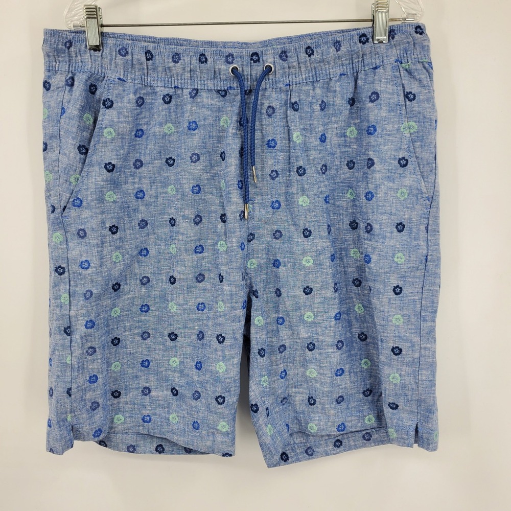 Tenth + Ocean Mens XL Blue Floral Washable Linen Cotton Blend Drawstring Shorts